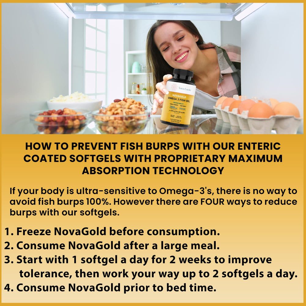 NovaGold Omega 3 softgels closeup showing burpless capsules for easy swallowing