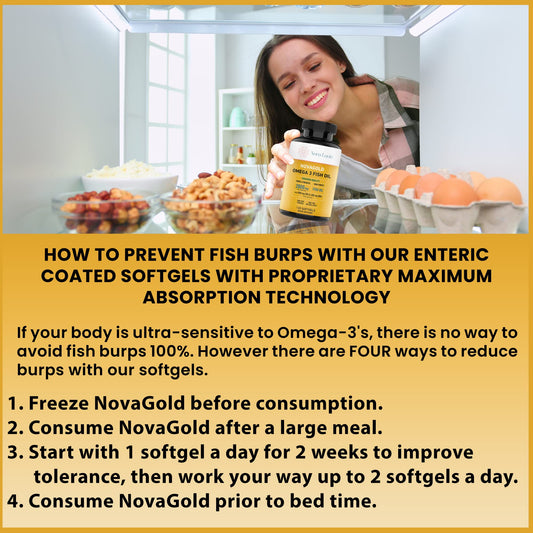 NovaGold Omega 3 softgels closeup showing burpless capsules for easy swallowing