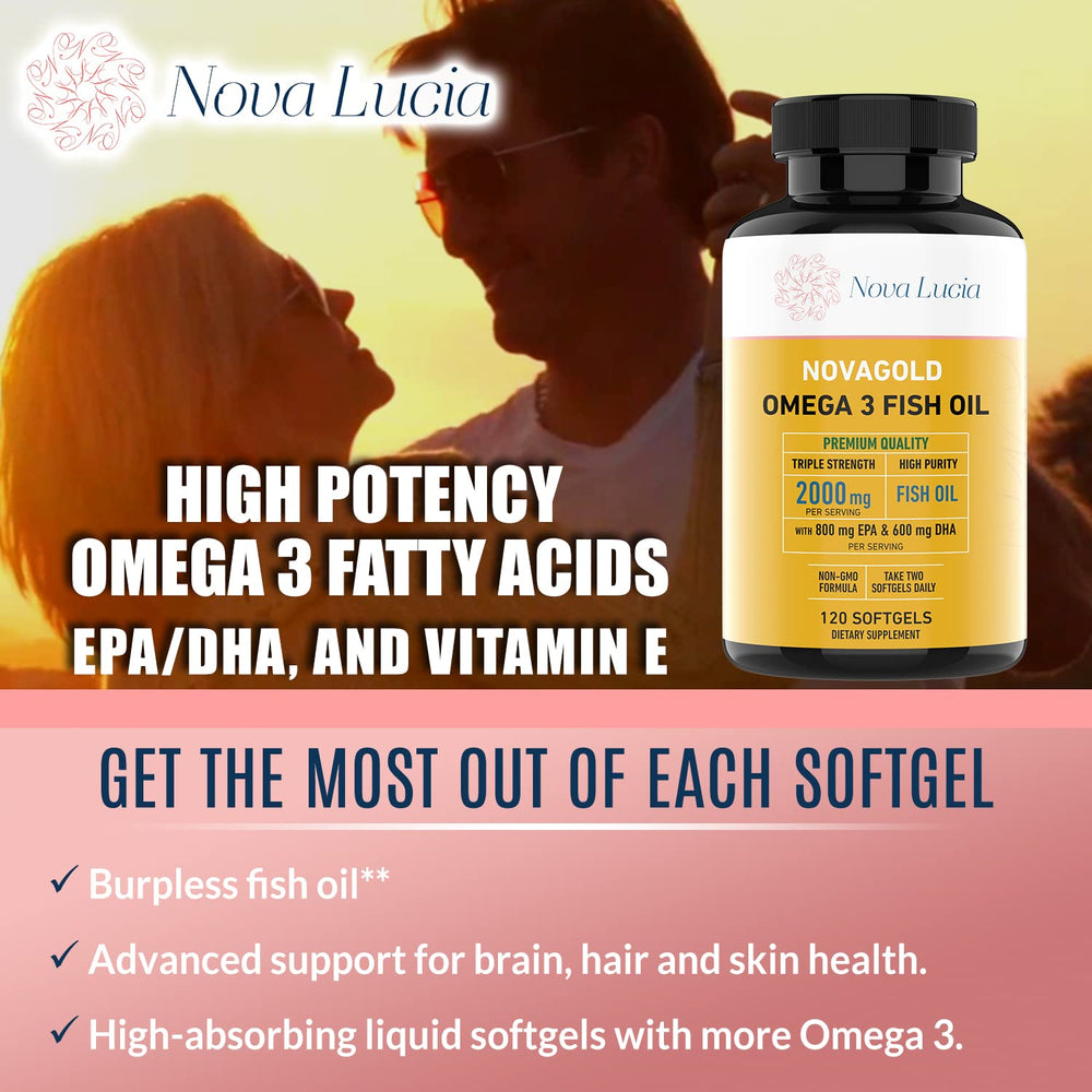 NovaGold Omega-3 softgels on spoon showing convenient daily dosage