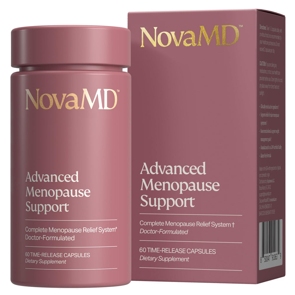 NOVAMD bottle showing menopause supplement designed for symptom support.
