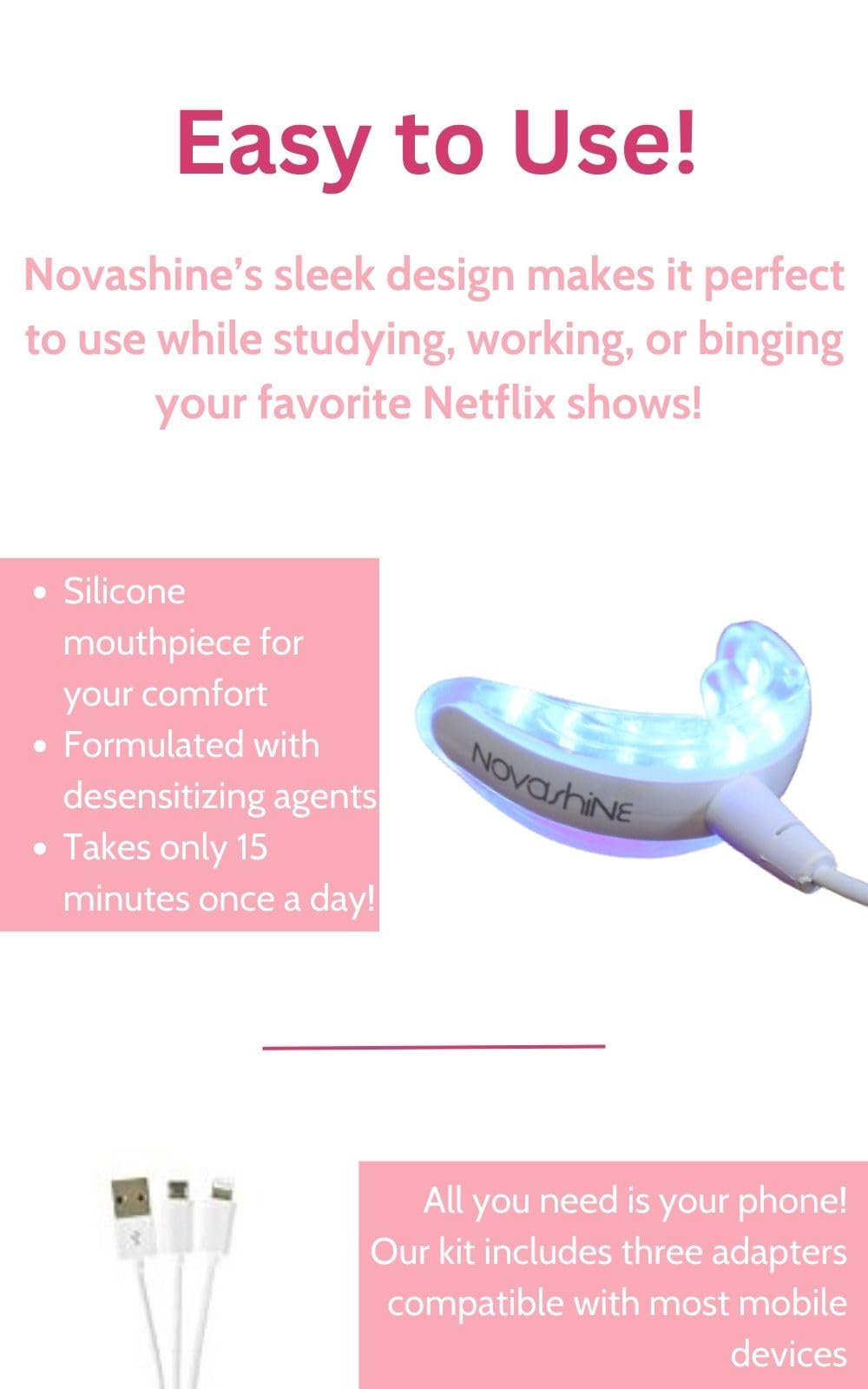 Novashine teeth whitening steps diagram showing the two-step process