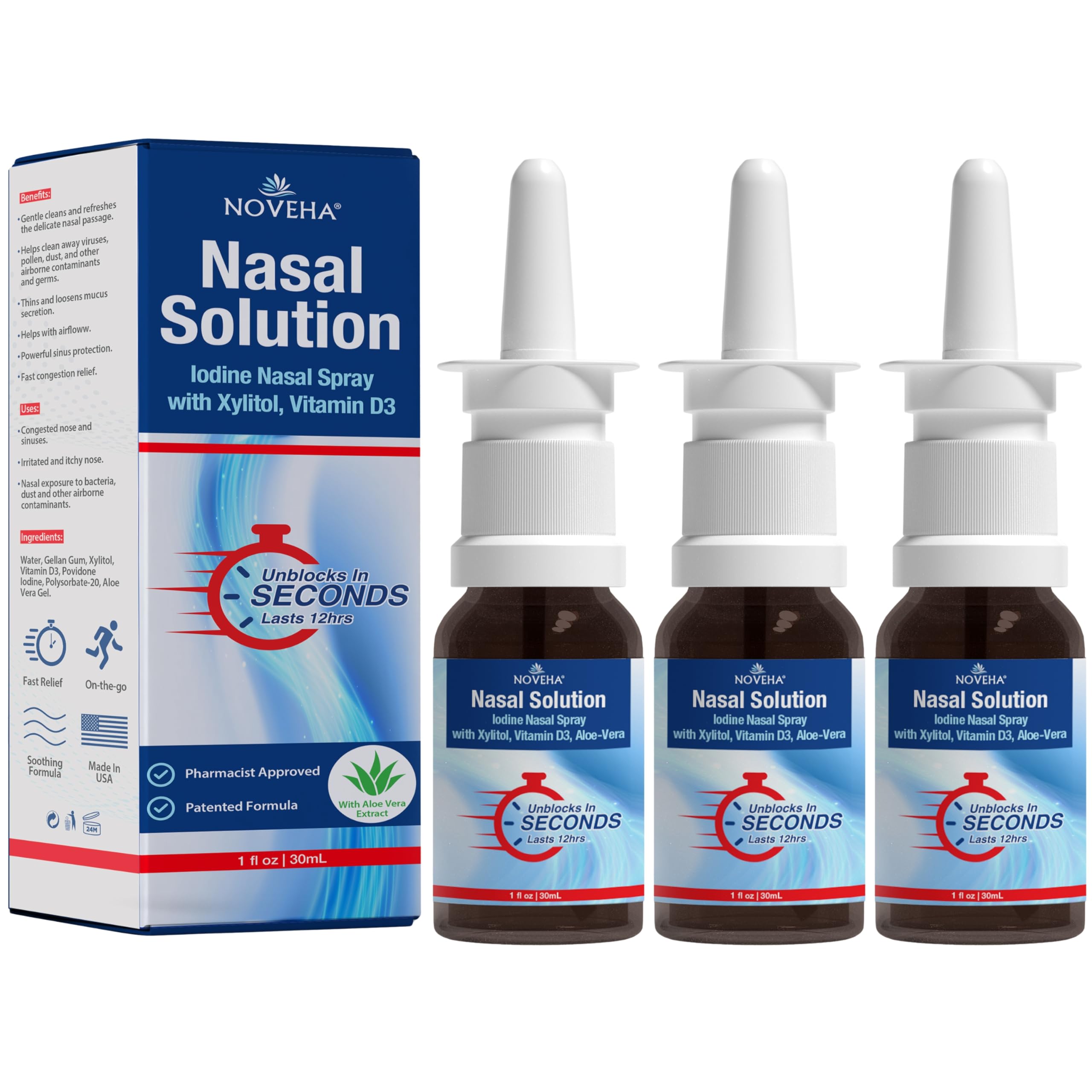 NOVEHA nasal spray bottle front for daily nasal care.