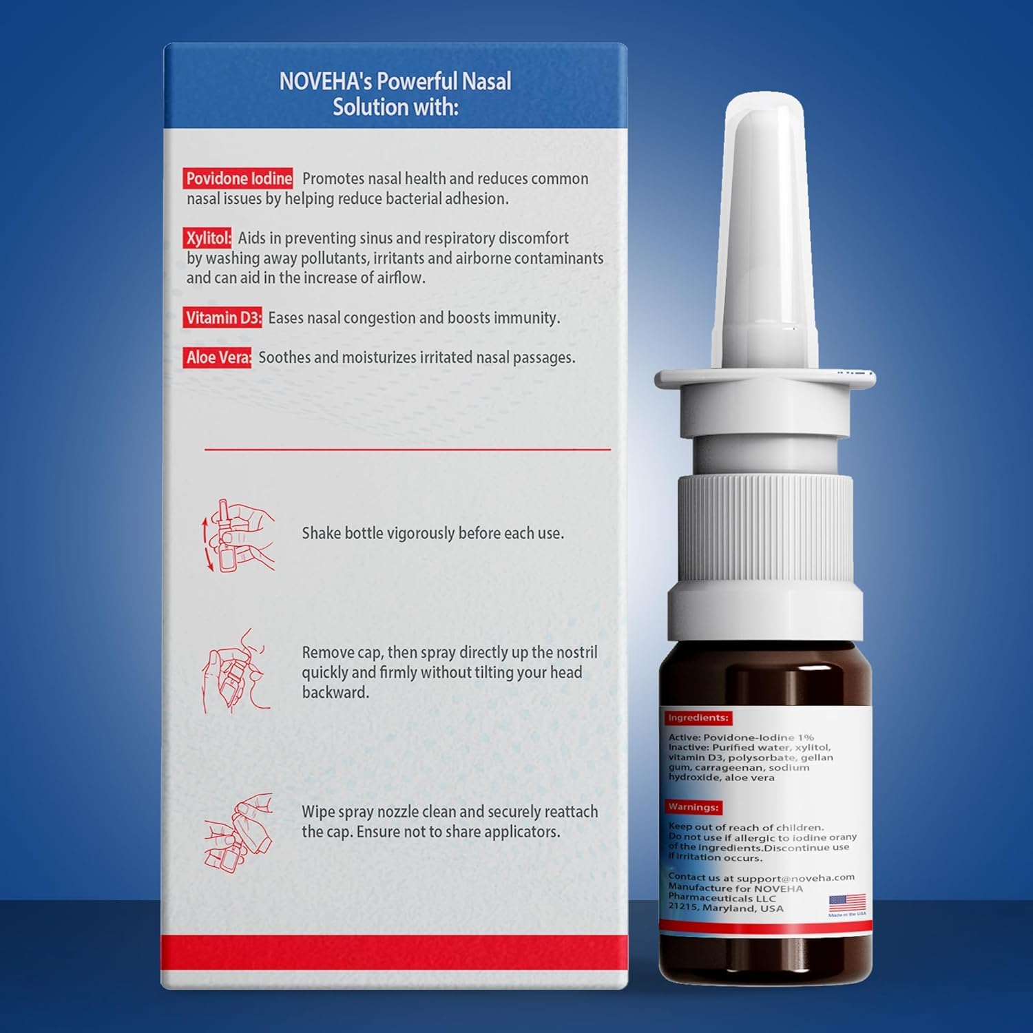 NOVEHA nasal spray ingredient label showing iodine, aloe vera, and vitamin D3.