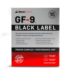 Novex Biotech GF-9 Black Label bottle with capsules supporting strength and focus.