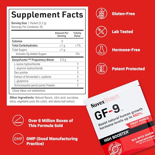 Novex Biotech GF-9 product line with bottle and sachets for versatile use.
