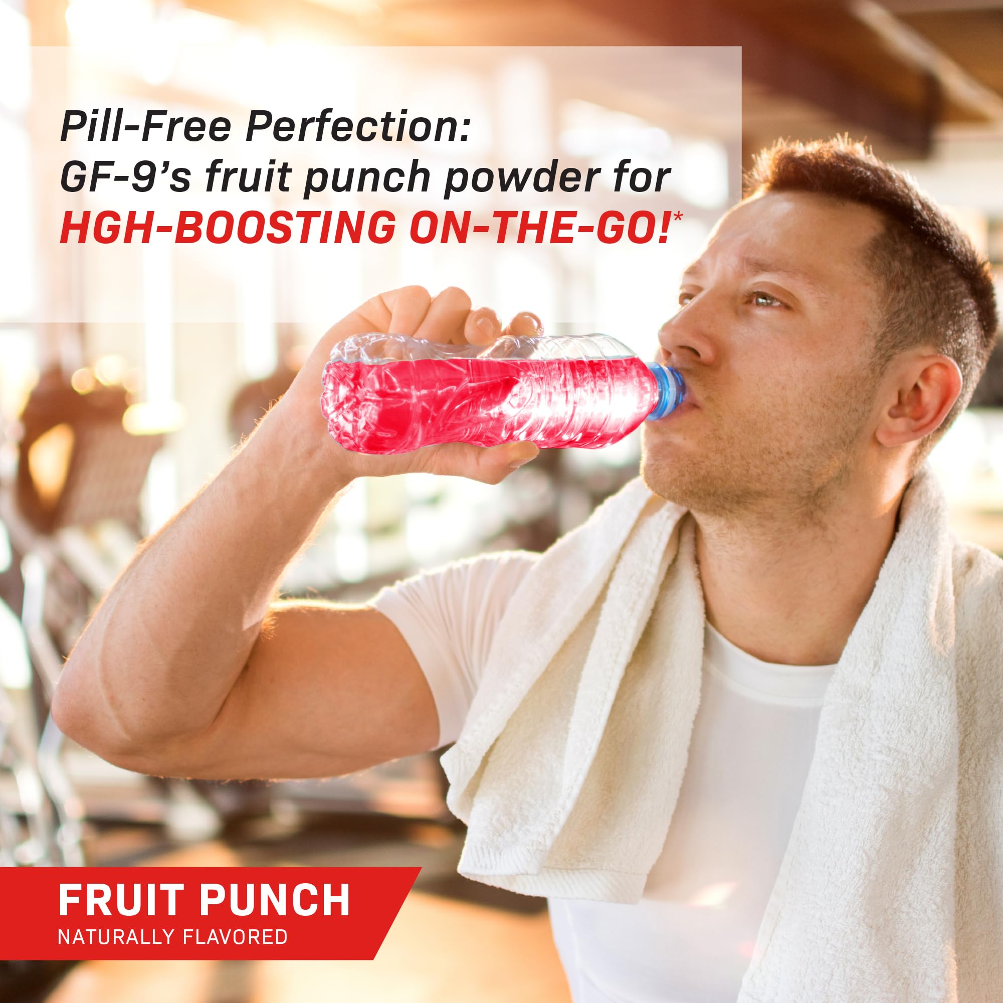 GF-9 powder dispensed into a glass for post-workout energy support.