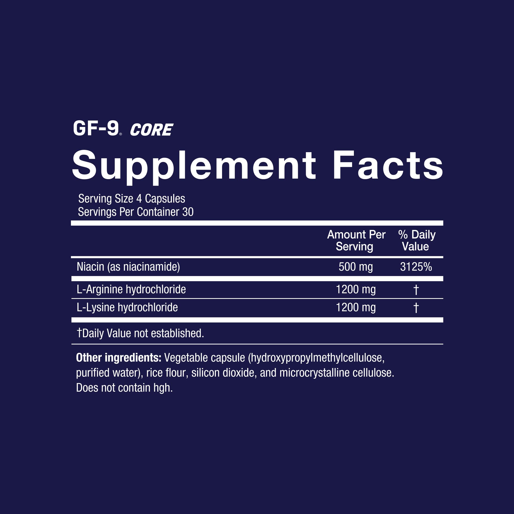 Novex Biotech GF-9 Core dosage label guiding daily administration