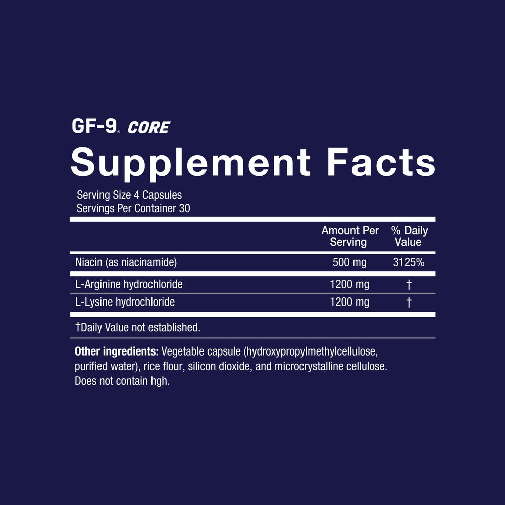 Novex Biotech GF-9 Core dosage label guiding daily administration