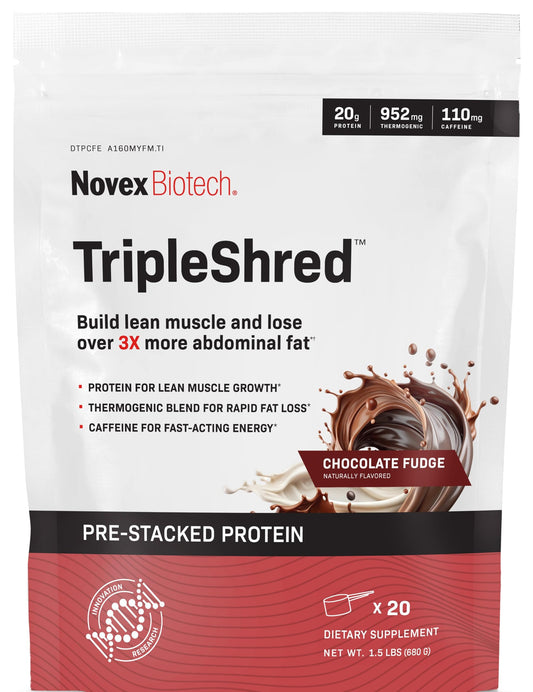 Novex Biotech TripleShred tub front view highlighting energy and protein blend for daily workouts