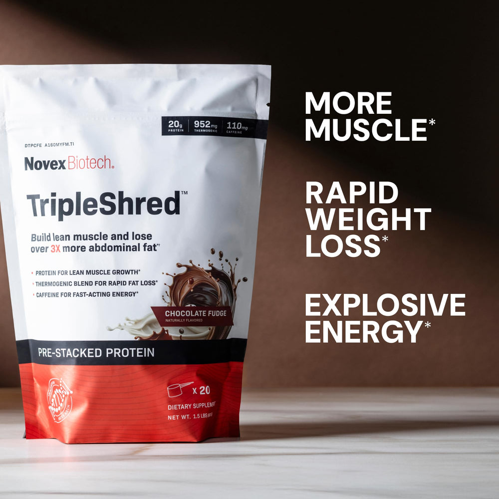 Novex Biotech TripleShred tub on a workout mat signaling active lifestyle fueling