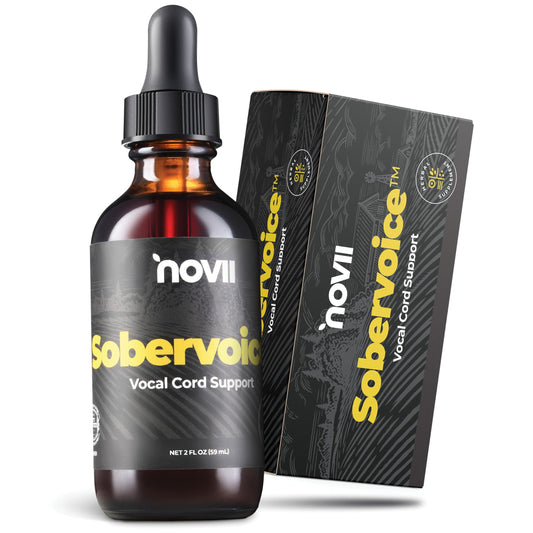 NOVII Sobervoice amber bottle protecting herbal formula for vocal relief.