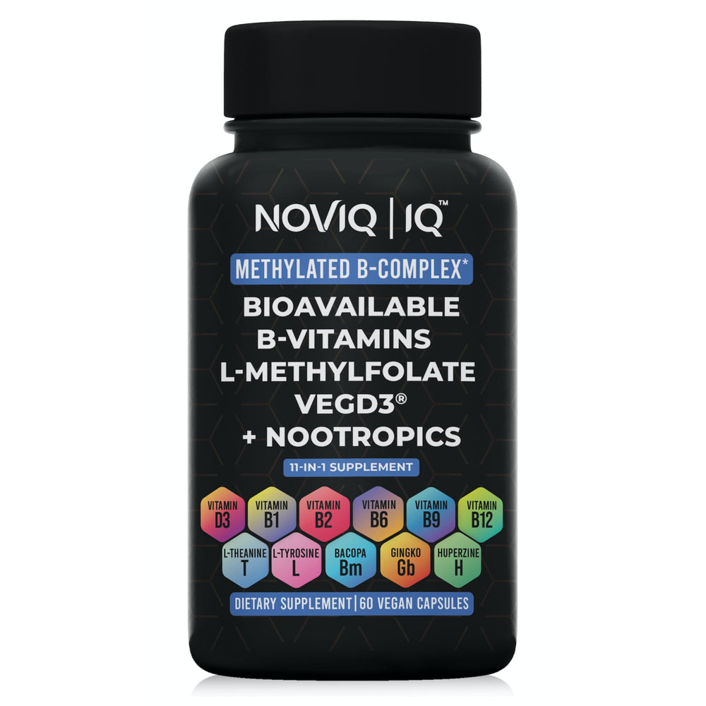 NOVIQ 11-in-1 Methylated B-Complex bottle pour supports daytime energy.