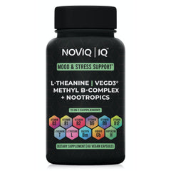 NOVIQ 11-in-1 mood and stress supplement bottle for calm focus.