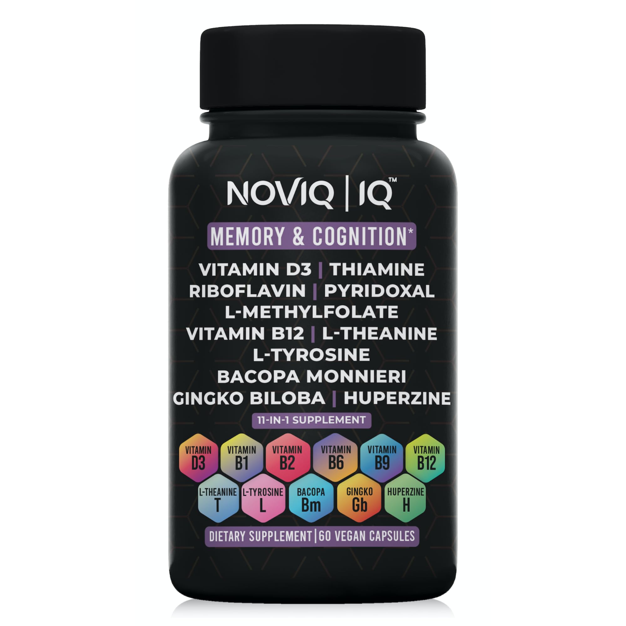 NOVIQ IQ 11in1 bottle with capsules, supporting memory and focus.