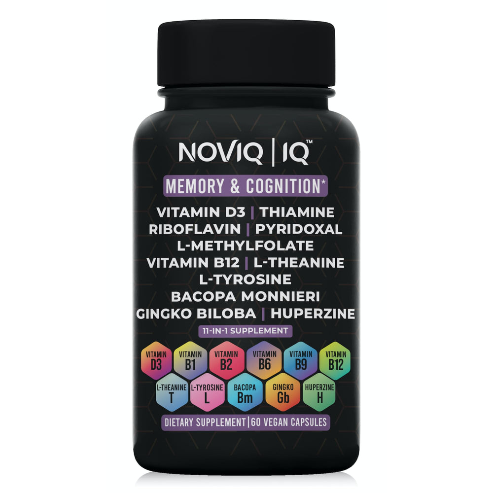 NOVIQ IQ 11in1 bottle with capsules, supporting memory and focus.