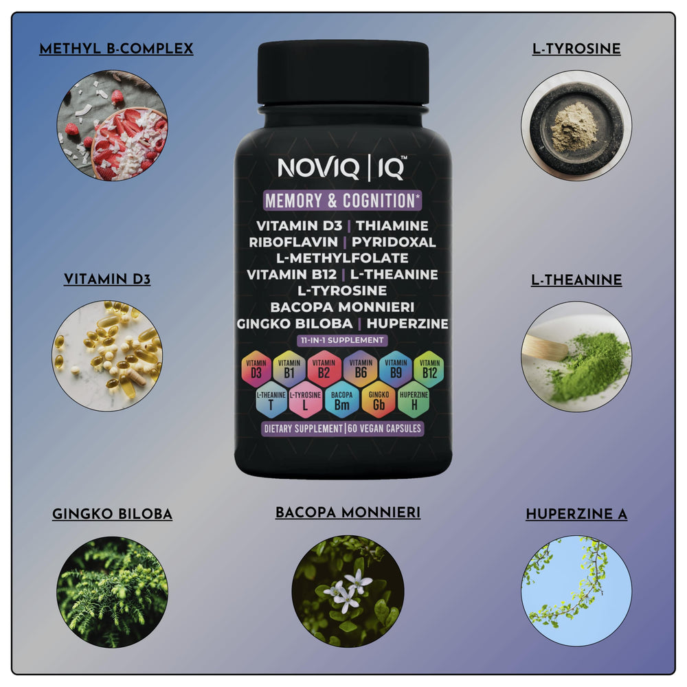 NOVIQ IQ 11in1 capsules neatly arranged, illustrating vegan, gluten-free formulation.