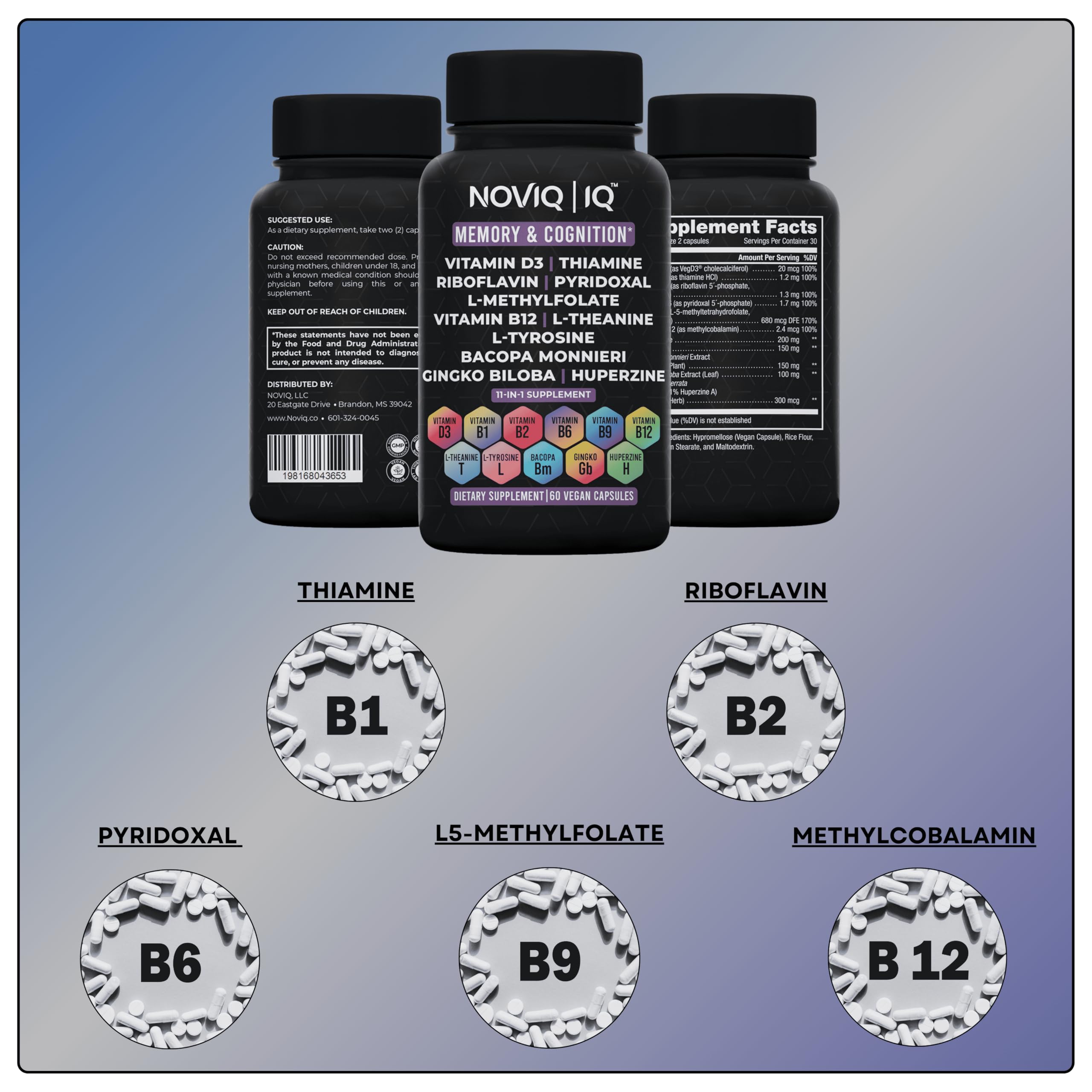 NOVIQ IQ 11in1 capsule detail showing 1,100mg+ serving for brain support.