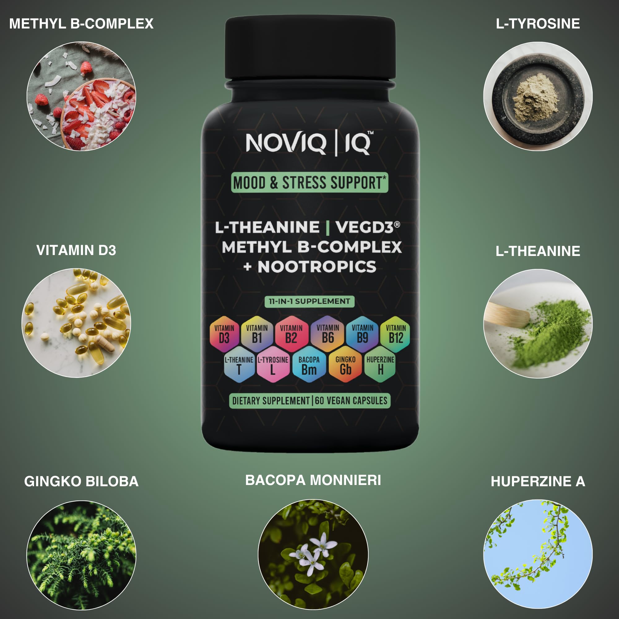 NOVIQ L-Theanine and Tyrosine synergy for calm focus and mood.