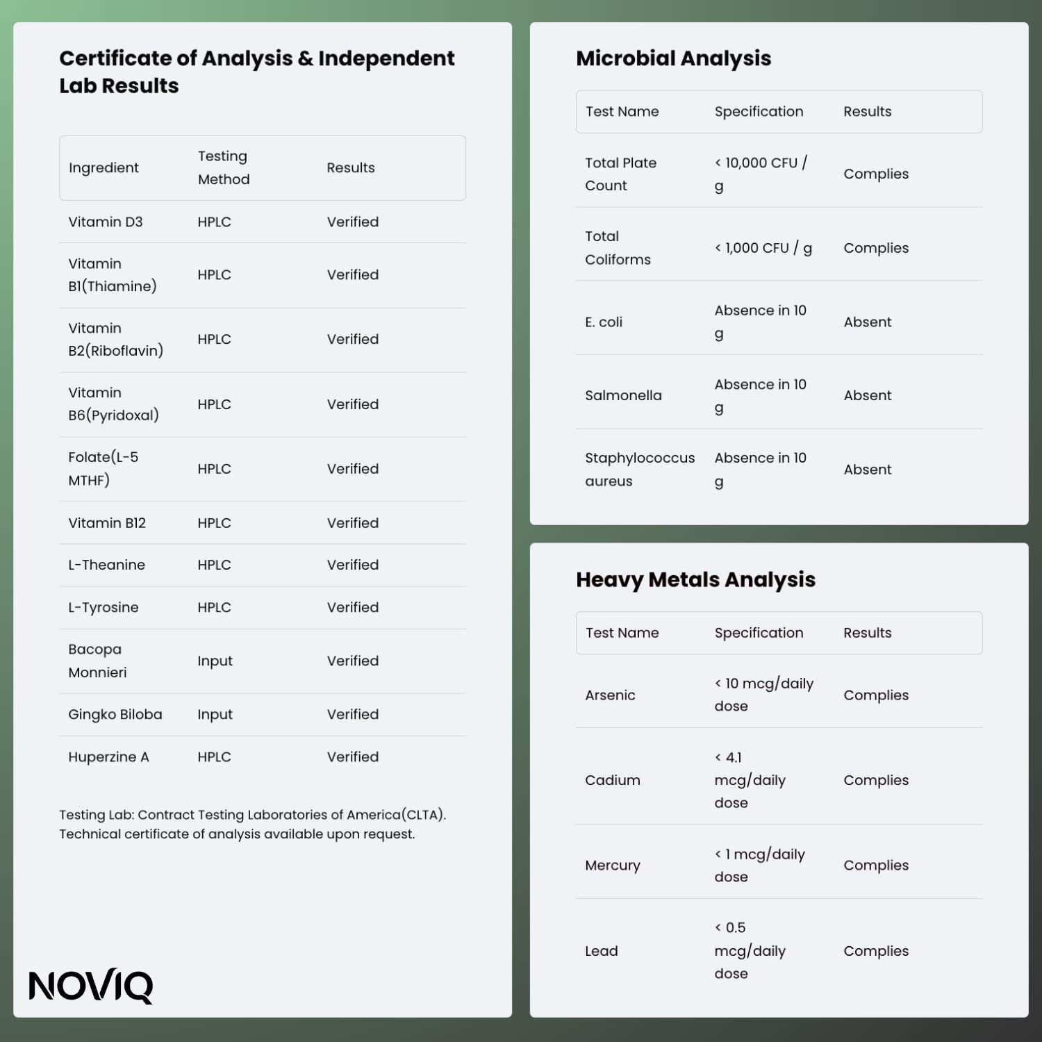 NOVIQ vegan, gluten-free, third-party tested formula.