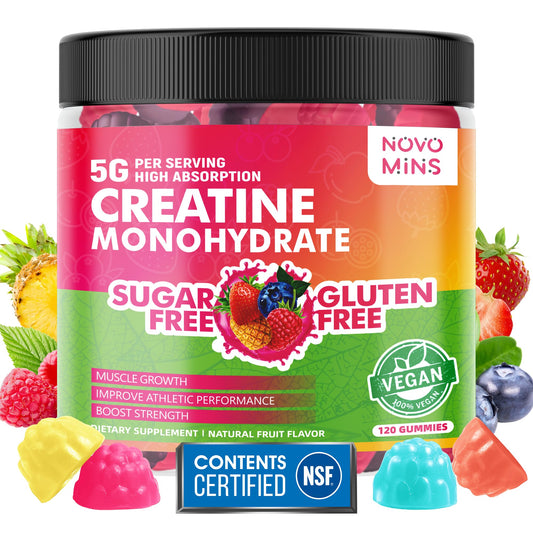 Novomins Creatine Gummy bottle front view for easy daily use