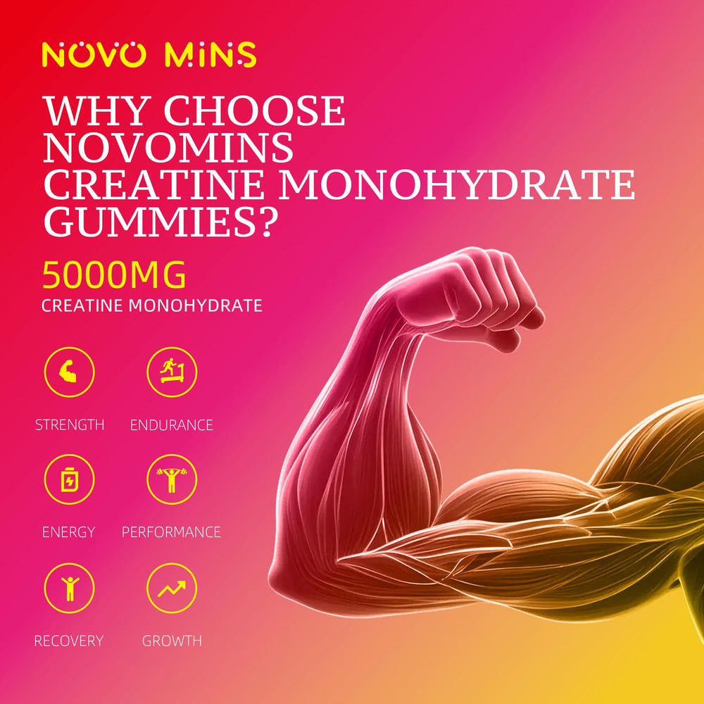Novomins Creatine Gummy close-up texture highlighting chewy, tasty pre-workout option