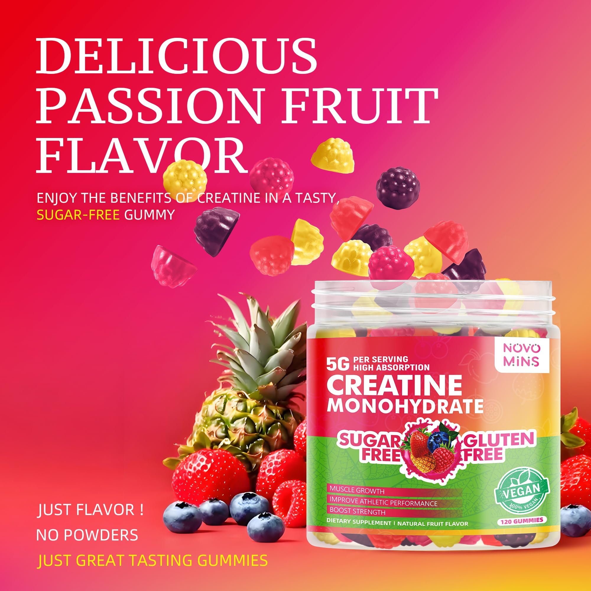 Novomins Creatine Gummy label with GMP certification for trusted quality