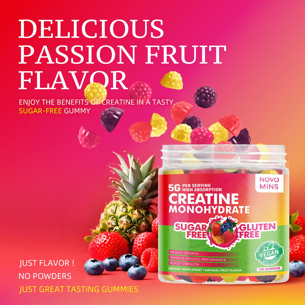 Novomins Creatine Gummy label with GMP certification for trusted quality