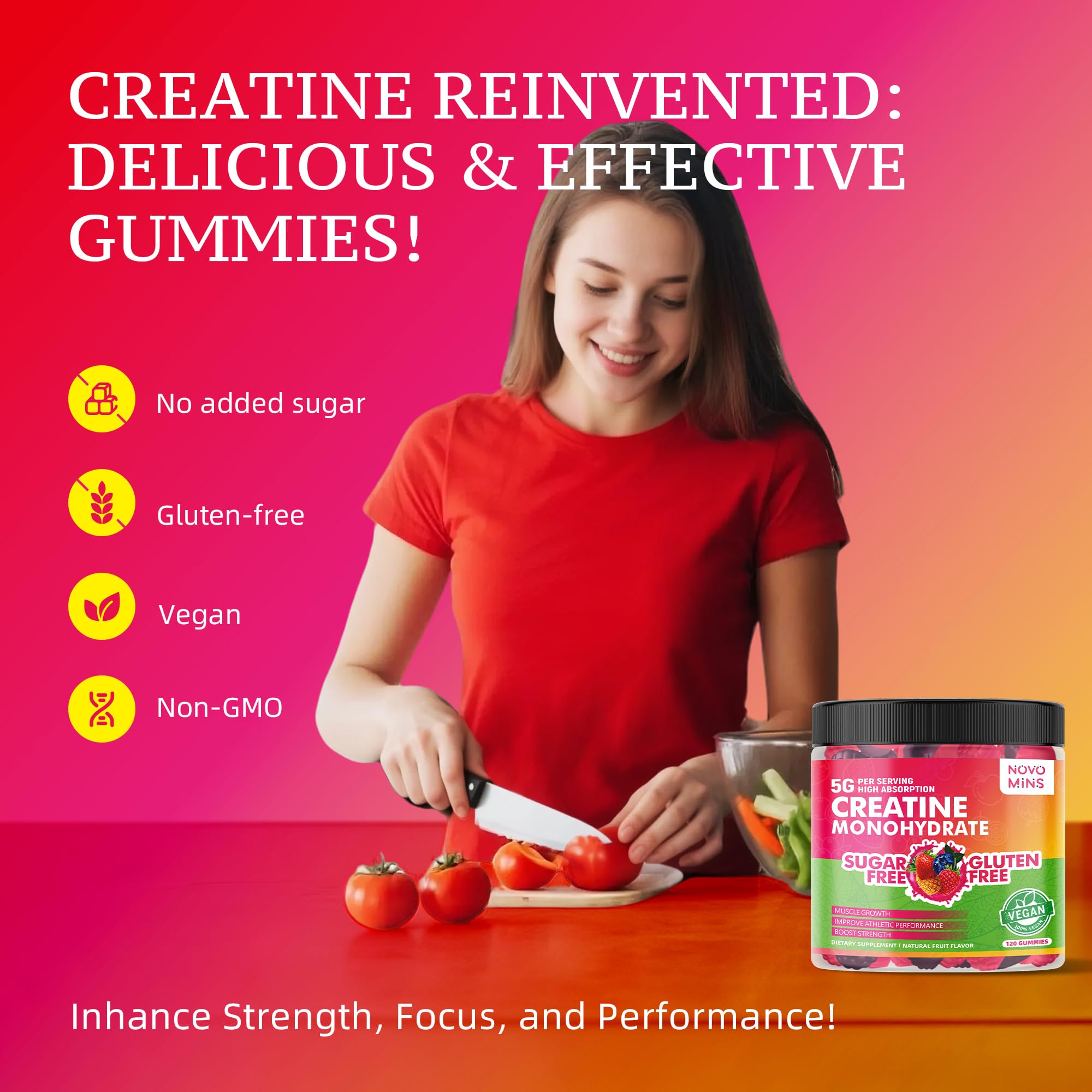 Novomins Creatine Gummy poured into glass reveals chewy texture and color