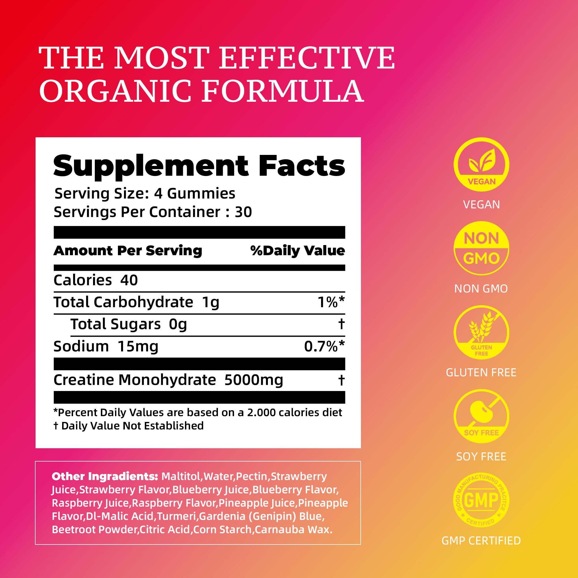 Novomins Creatine Gummy serving with four gummies showing 5g per serving for workout support