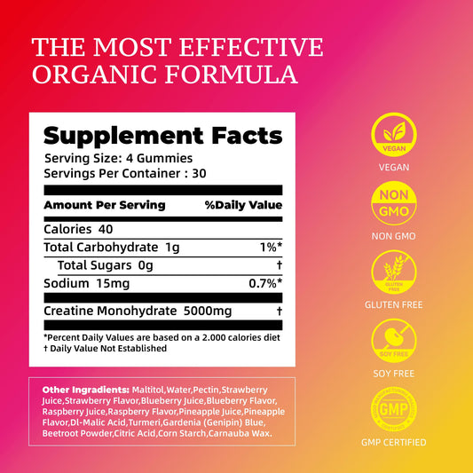 Novomins Creatine Gummy serving with four gummies showing 5g per serving for workout support