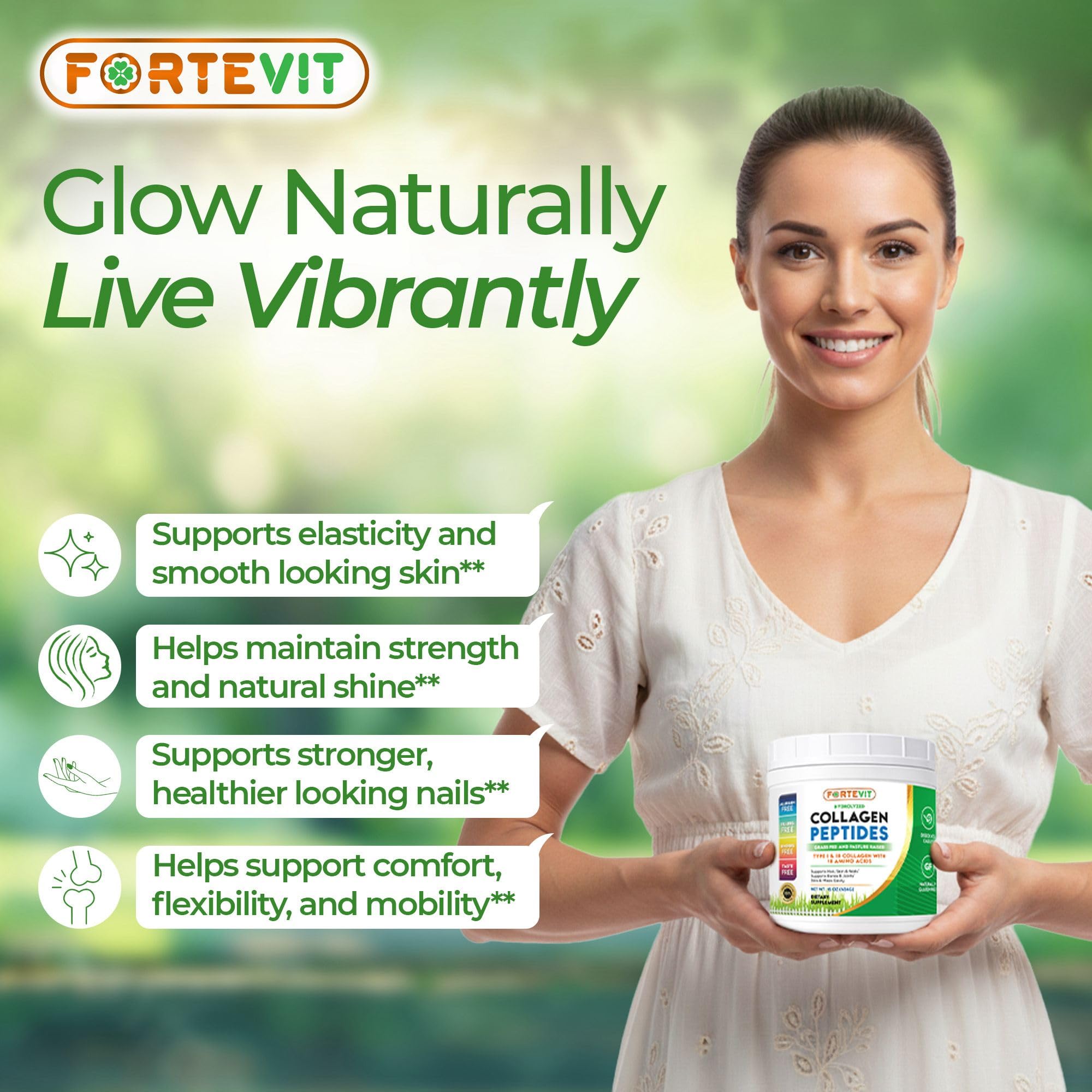 NOVONEX FORTEVIT scoop measuring demonstrates easy daily collagen intake for hair and nails.