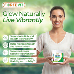 NOVONEX FORTEVIT scoop measuring demonstrates easy daily collagen intake for hair and nails.