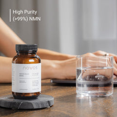 Novos Boost NMN bottle label close-up showing purity and testing