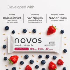 Novos Longevity Bar Mixed Berry Crunch nutrition panel view, highlighting vitamins and minerals.