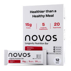 Novos Longevity Bar Mixed Berry Crunch front-pack view, convenient energy for busy days.