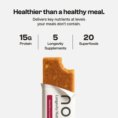 Novos Longevity Bar Mixed Berry Crunch unwrapped, ready for on-the-go nourishment.