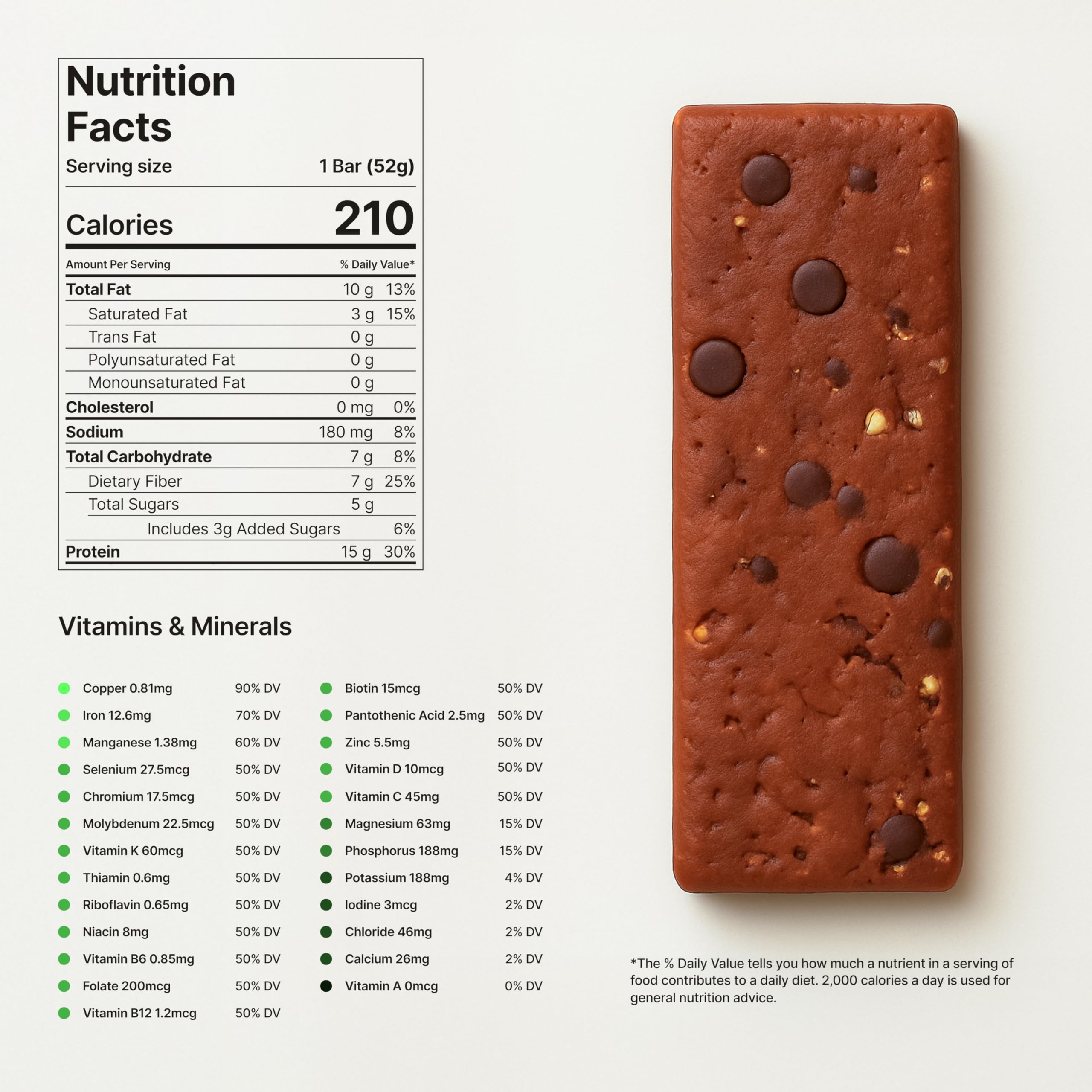 Novos Longevity Protein Bar ingredients with 20 superfoods for balanced nutrition.