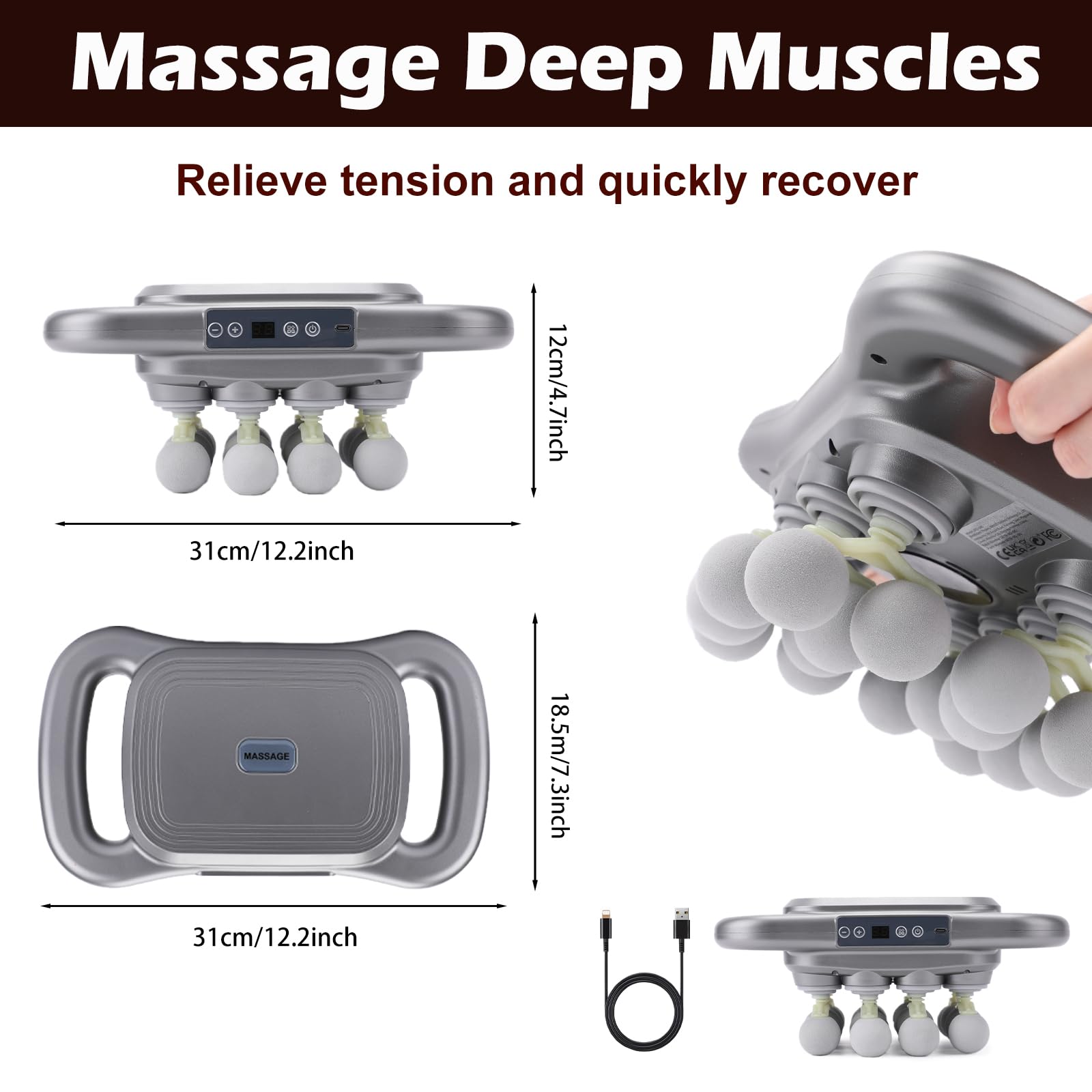 Novotechcal 16-Head Massage Gun side view with ergonomic grip for easy handling.