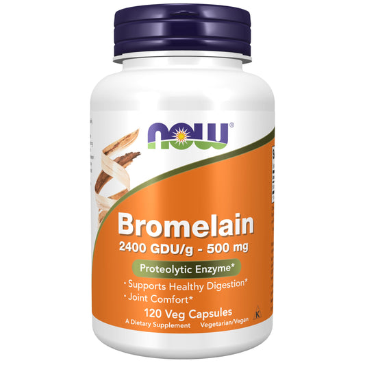NOW Bromelain 500 mg capsules label close-up highlighting potency