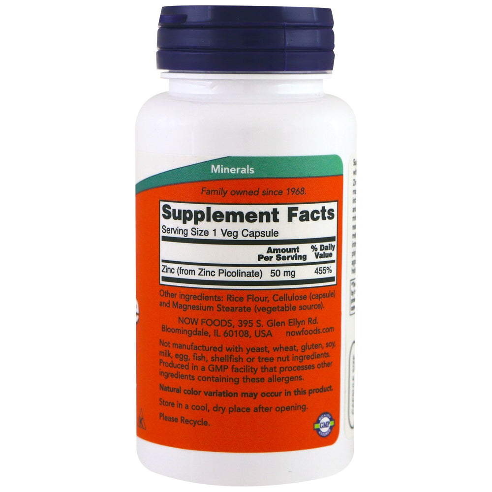 NOW Foods 3-pack zinc picolinate packaging for balanced daily supplementation.