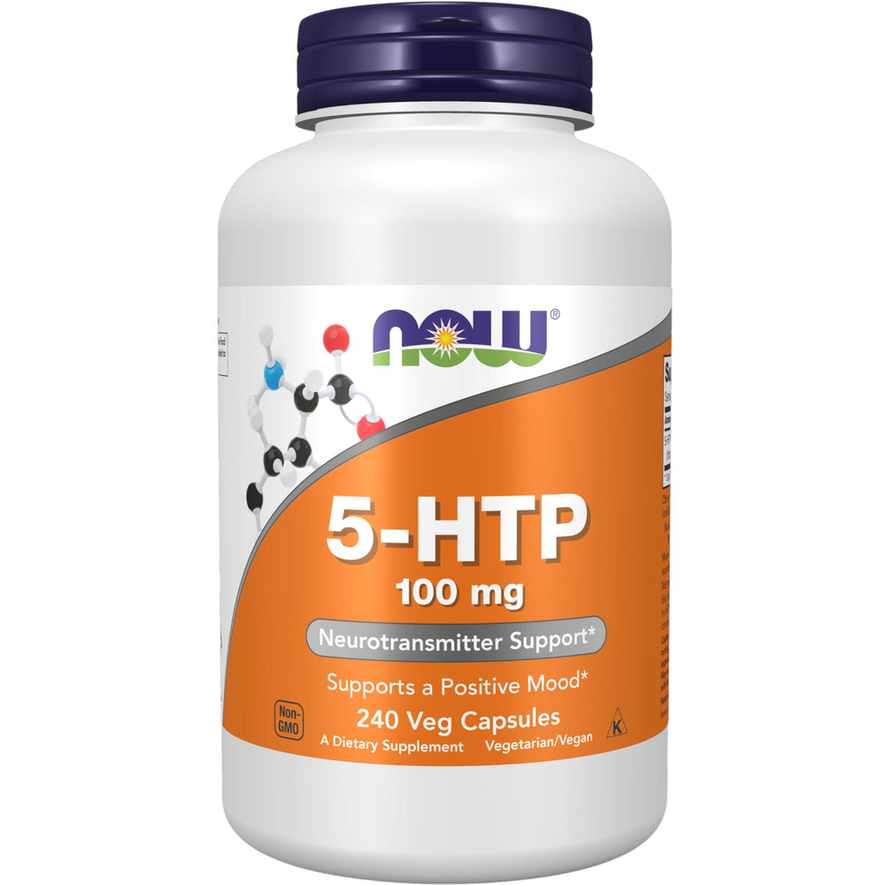 NOW Foods 5-HTP bottle front view for daily mood support.