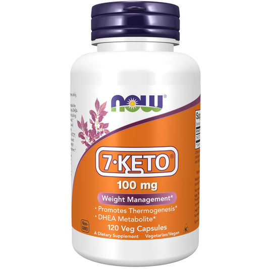 NOW Foods 7-Keto DHEA bottle highlighting metabolic support for metabolism