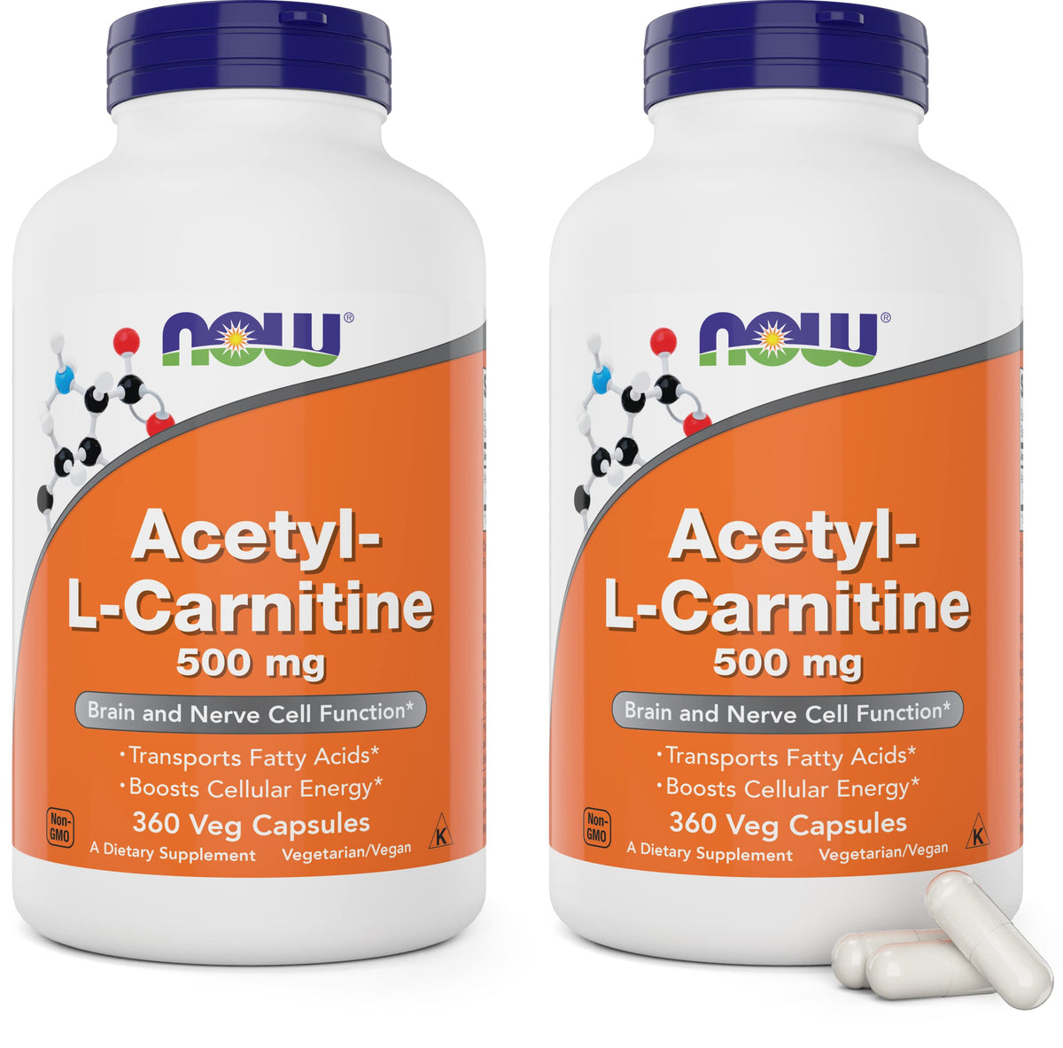 NOW Foods Acetyl L-Carnitine 500mg bottle front supports daily energy.