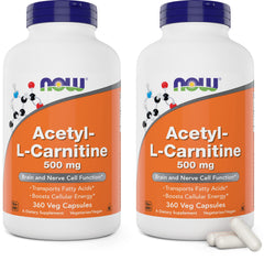 NOW Foods Acetyl L-Carnitine 500mg bottle front supports daily energy.