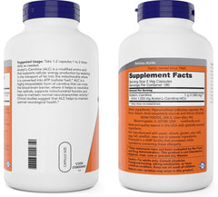 NOW Foods Acetyl L-Carnitine 500mg non-GMO badge signals purity.
