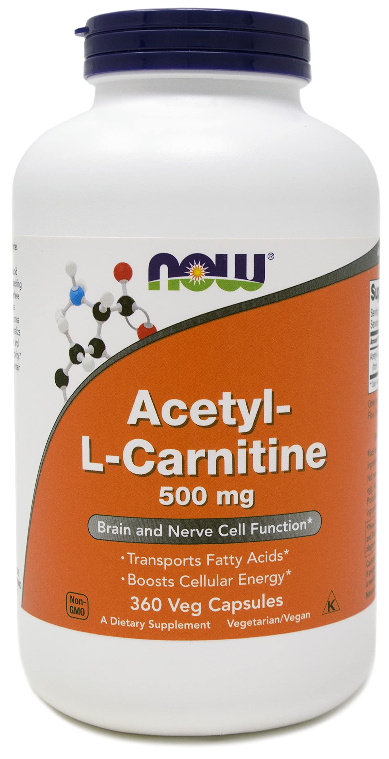 NOW Foods Acetyl-L-Carnitine packaging emphasizing quality and ingredients.