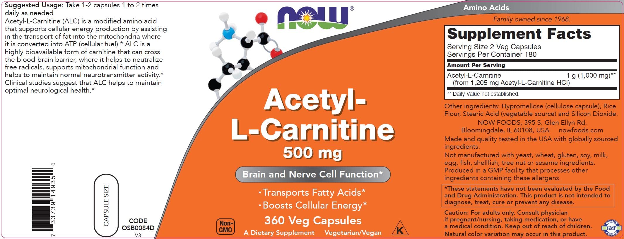 NOW Foods Acetyl-L-Carnitine vegetarian capsules for vegan-friendly use.