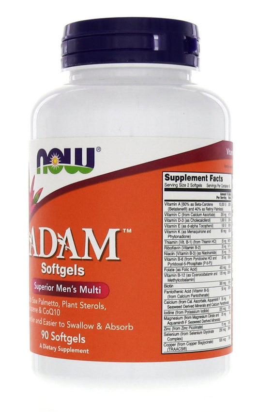 NOW Foods Adam men's multivitamin bottle back reveals ingredients and gluten-free notes
