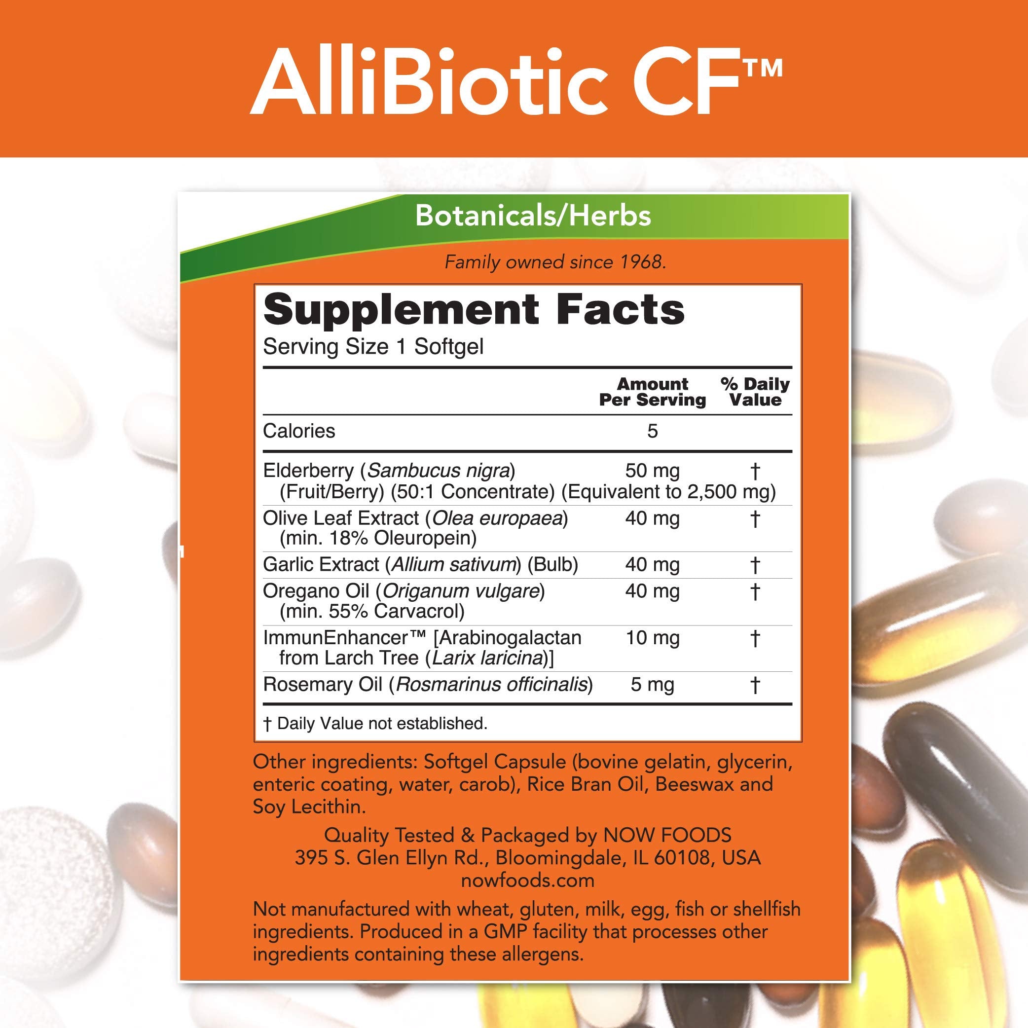 Close-up of NOW Allibiotic softgels highlighting easy-to-swallow capsules for everyday wellness.