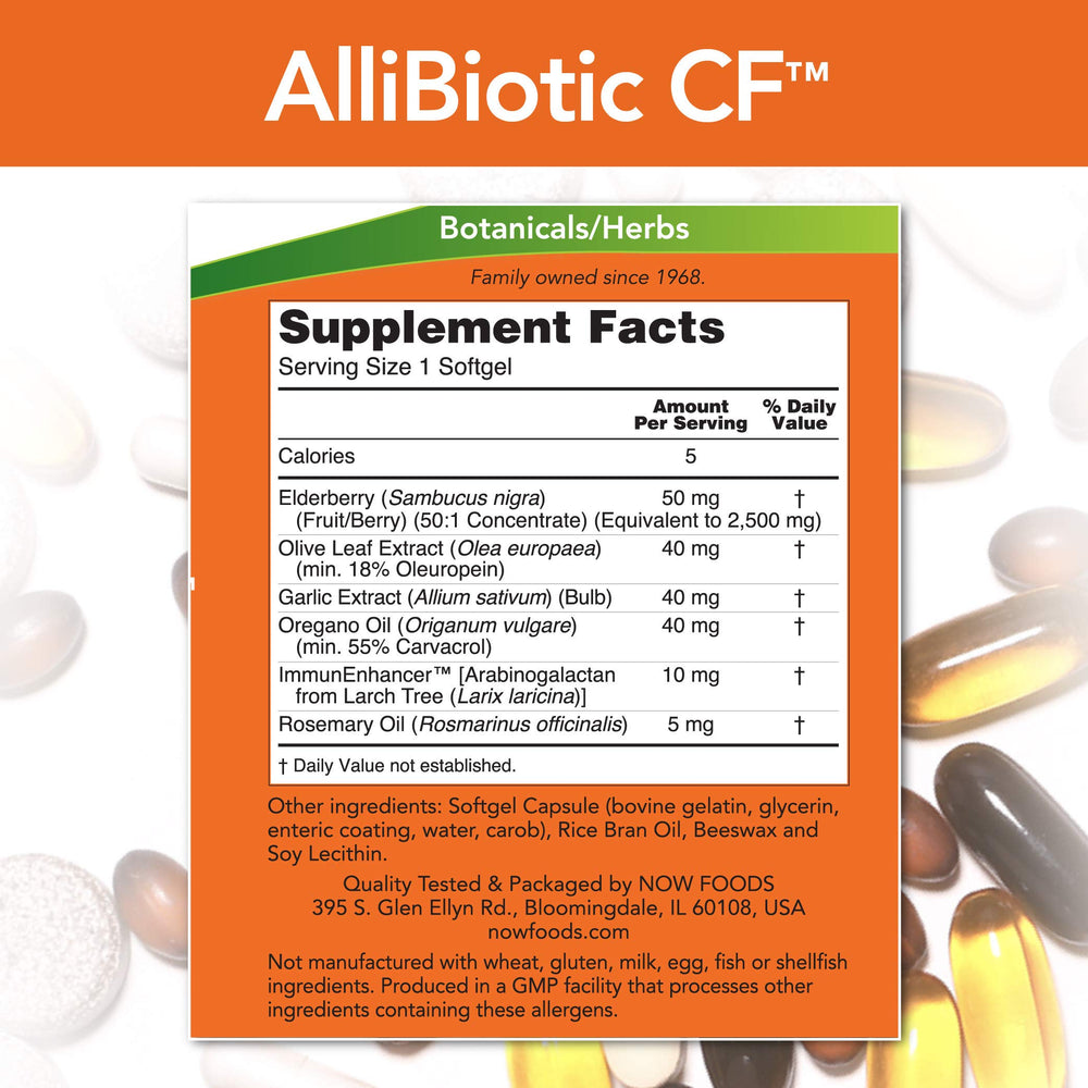 Close-up of NOW Allibiotic softgels highlighting easy-to-swallow capsules for everyday wellness.